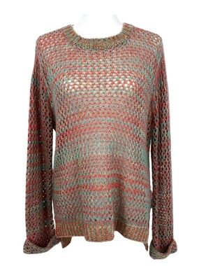 JJ Basics Sweater Pastel Open Knit High Low Style in Pink & Green Women's Medium